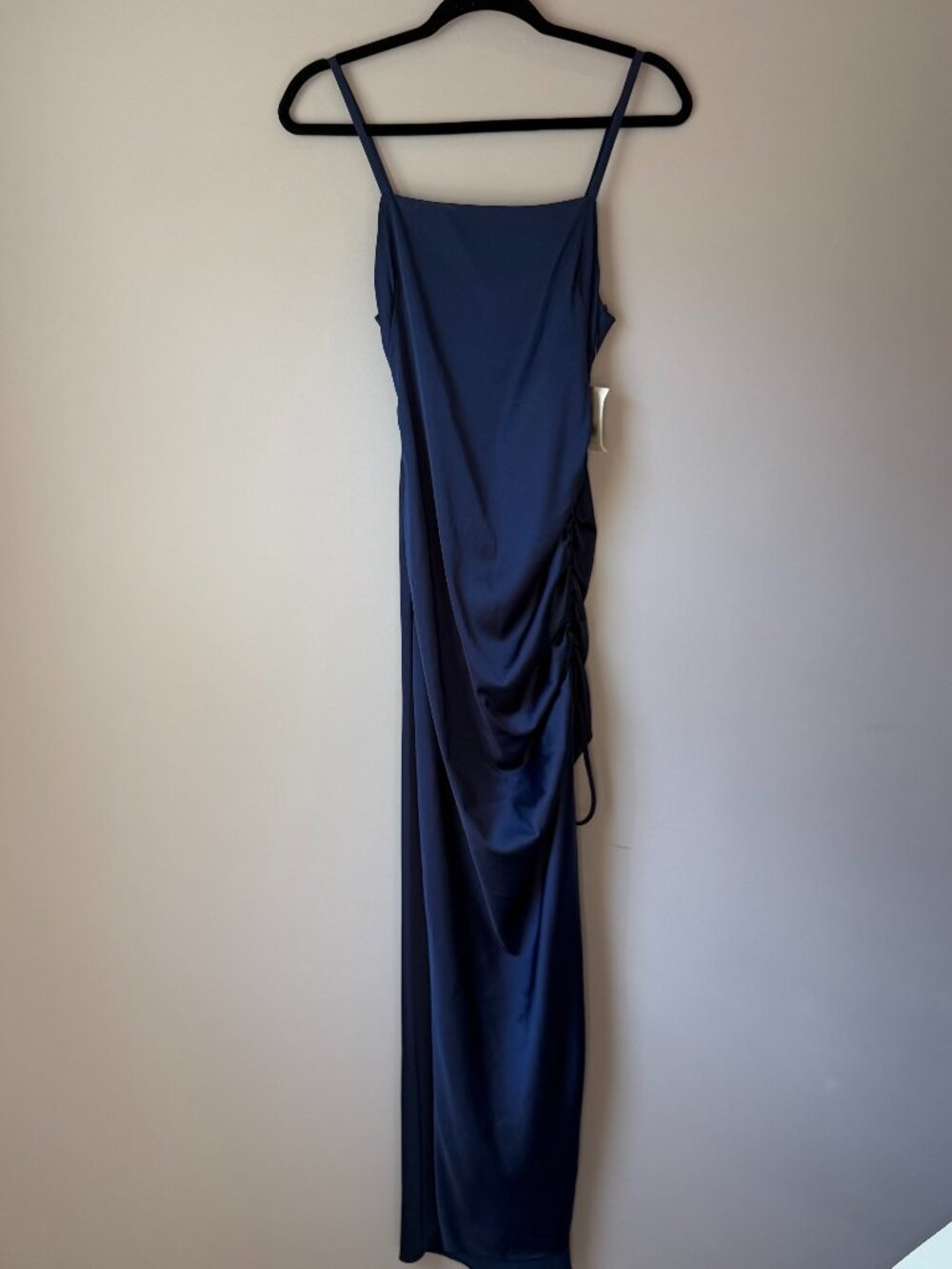 Emory Park Womens XS Navy Blue Satin Ruched Square Neckline Slip Maxi Dress